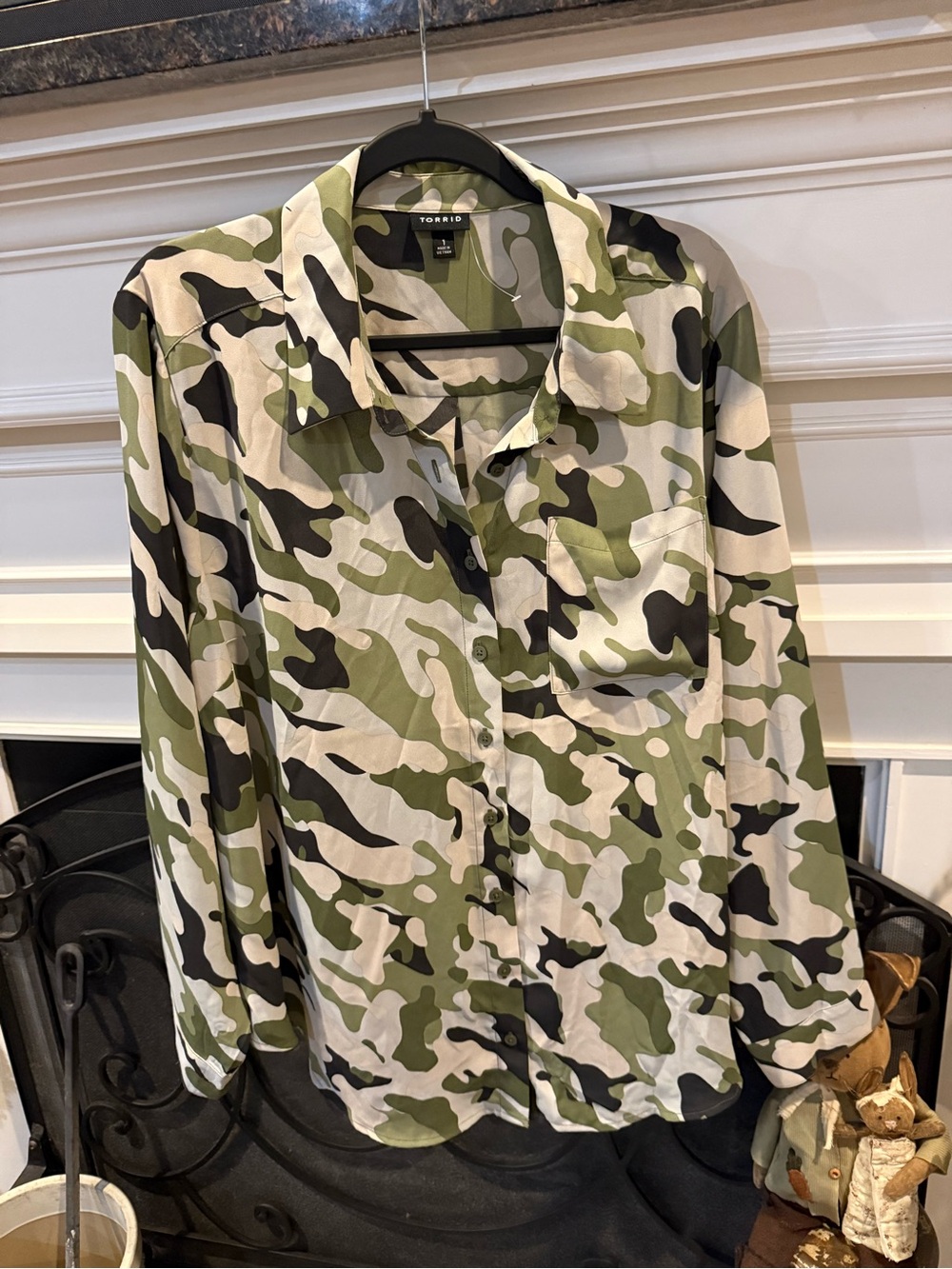 torrid Green Black White Camo Button-Front Blouse
